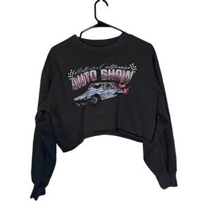 Hollister Gray Auto Show Graphic Long Sleeve Cropped Sweatshirt Women Sz M